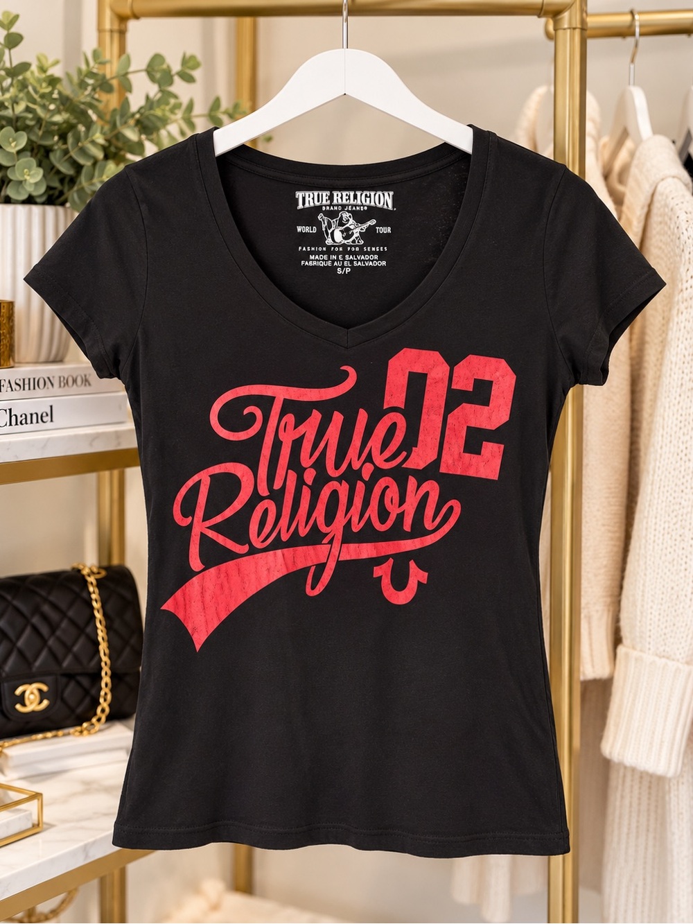 True Religion Black V-Neck Tee with Red Script and Number